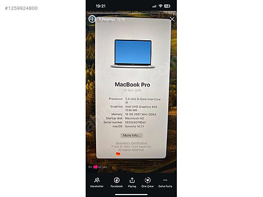 Apple Macbook / Macbook Pro 2019 i9 16inch sahibinden.comda