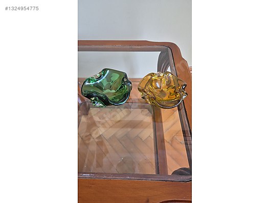 置物 Murano , antique İtalyan Murano üfleme cam Zümrüt yeşil &Bal rengi Vintage küllük