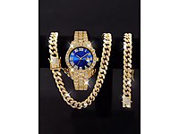 3 adet lüks alaşım tam elmas taklidi ayna erkek kuvars saat takv