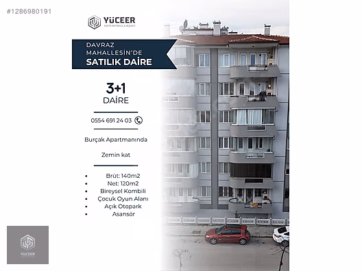 YÜCEER GAYRİMENKUL'DEN DAVRAZ MAH. 3+1 SATILIK DAİRE #1286980191